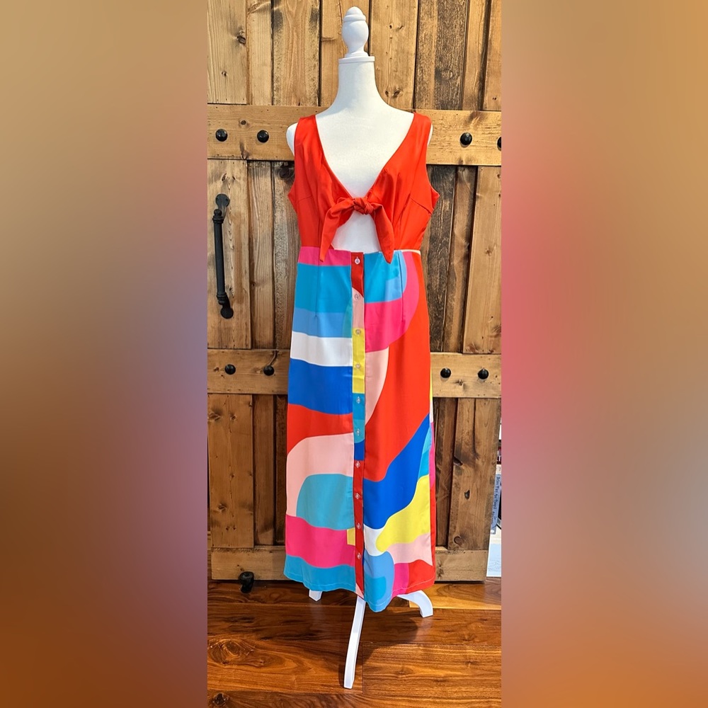 Colorful Tie Front or Back Midi Dress Size Medium